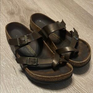 Birkenstock Mayari Birko-Flor Brown Gold Metallic Cross Strap Sandals Sz 37